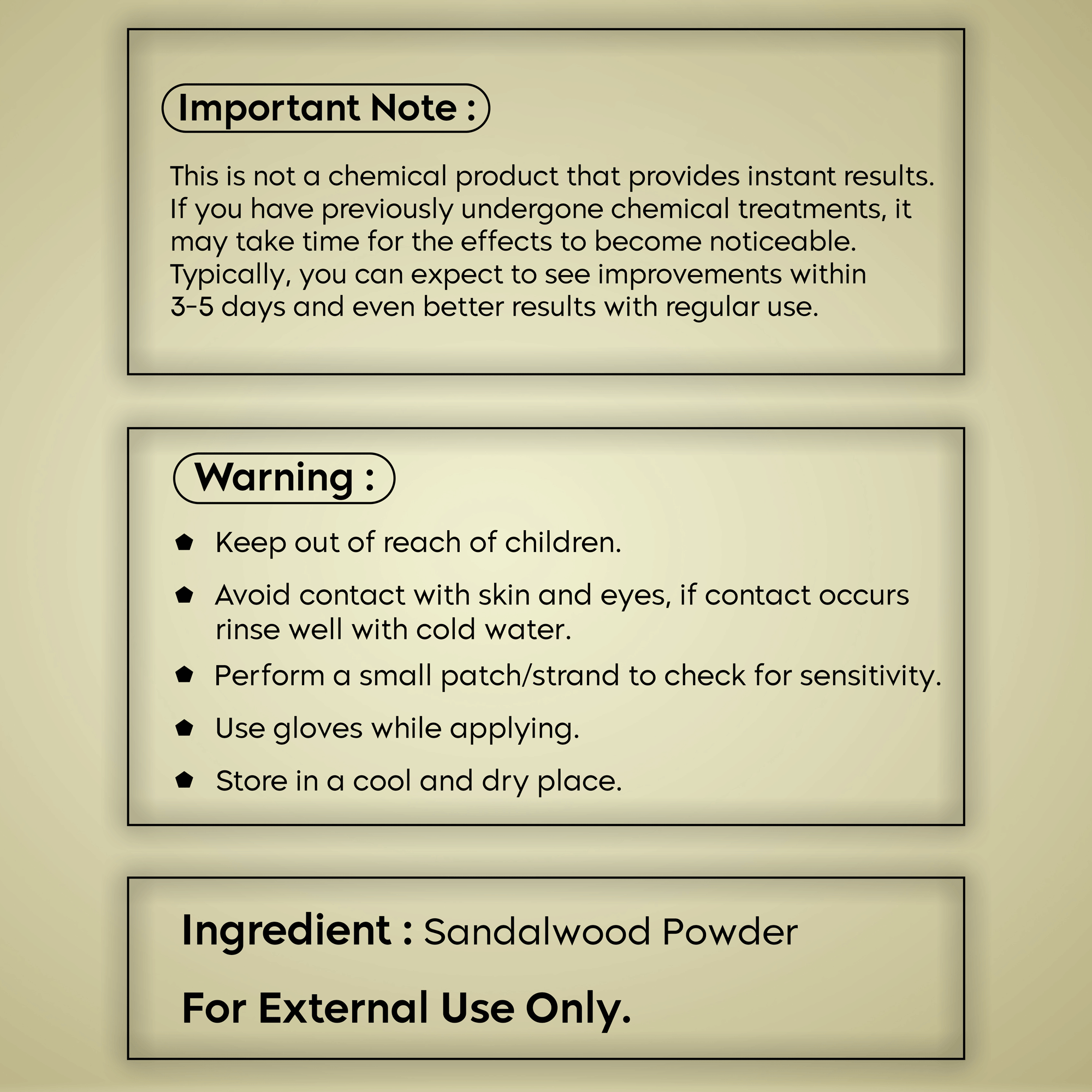 Instructions and warnings for sandalwood powder 