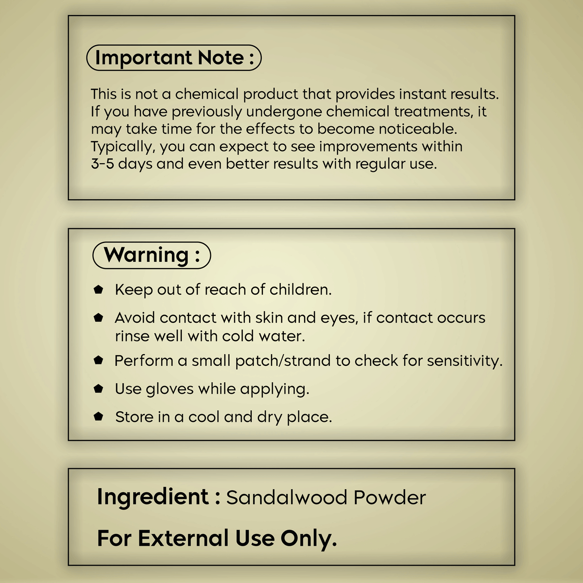 Instructions and warnings for sandalwood powder 