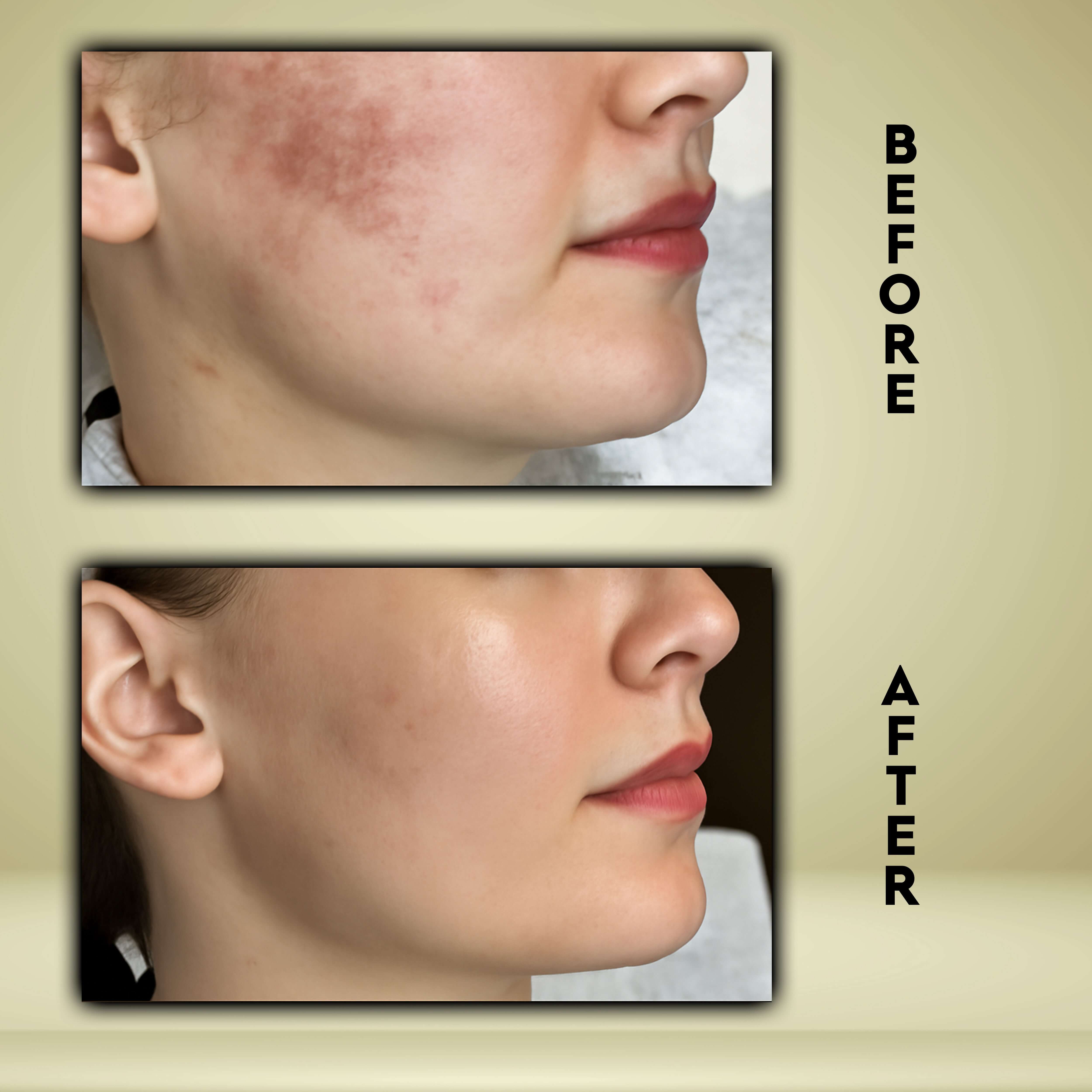 Before and after image showing skin improvement with reduced blemishes on a woman's face.