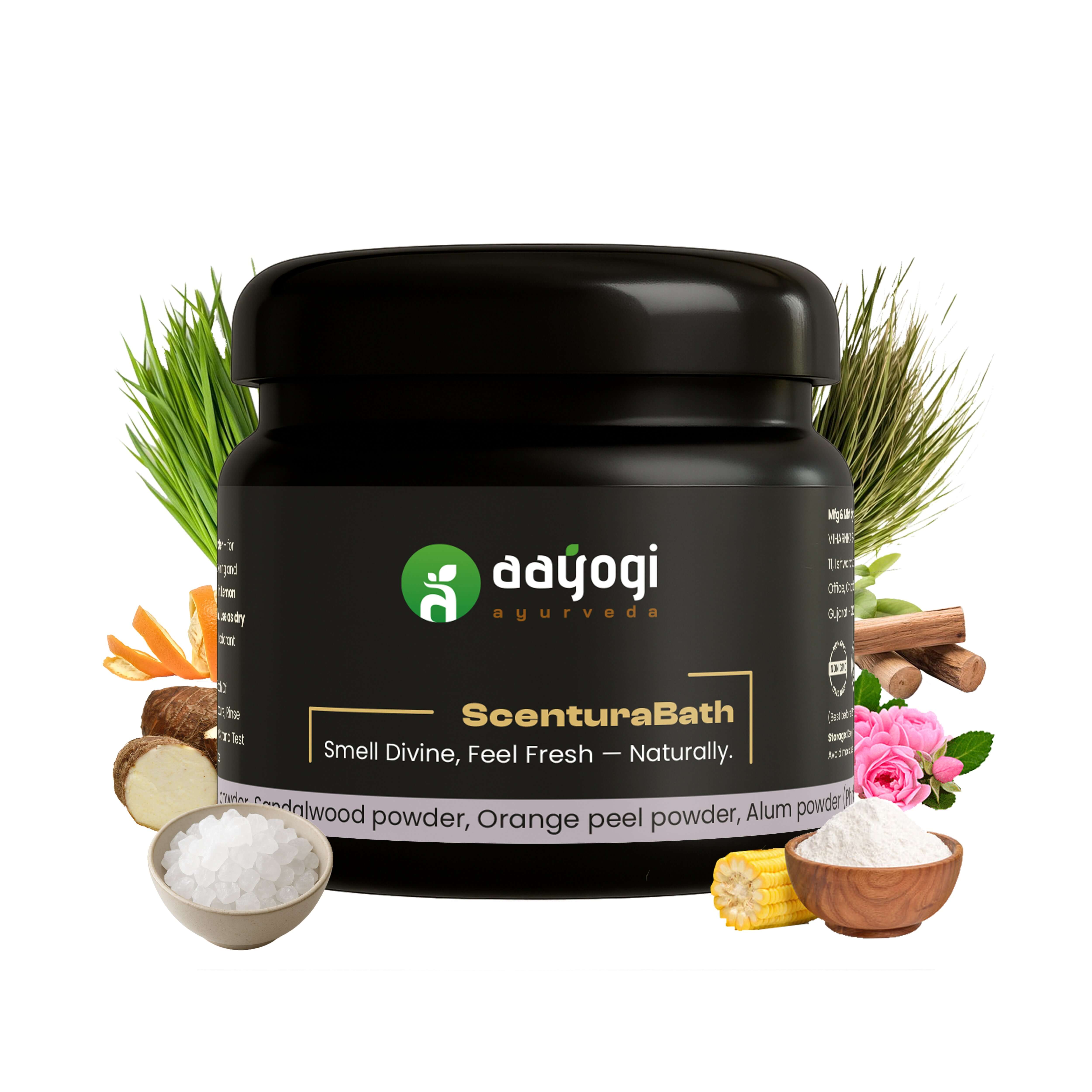 AyuRaksha ScenturaBath Antibacterial Herbal Bath Powder with natural ingredients for skin protection and freshness