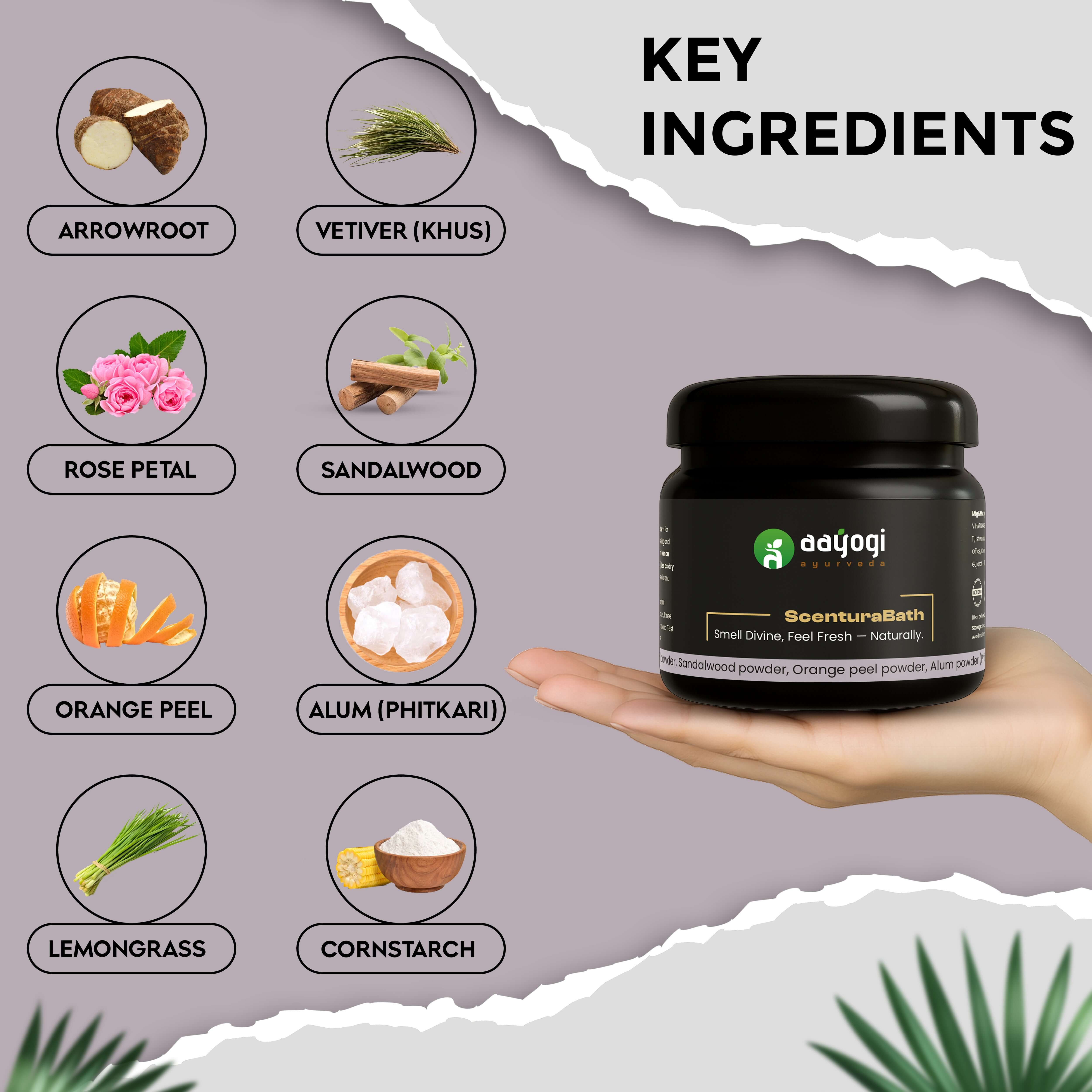 ScenturaBath Ayurvedic Bath Powder ingredients including arrowroot, vetiver, rose petal, sandalwood, and more by Aayogi Ayurveda.