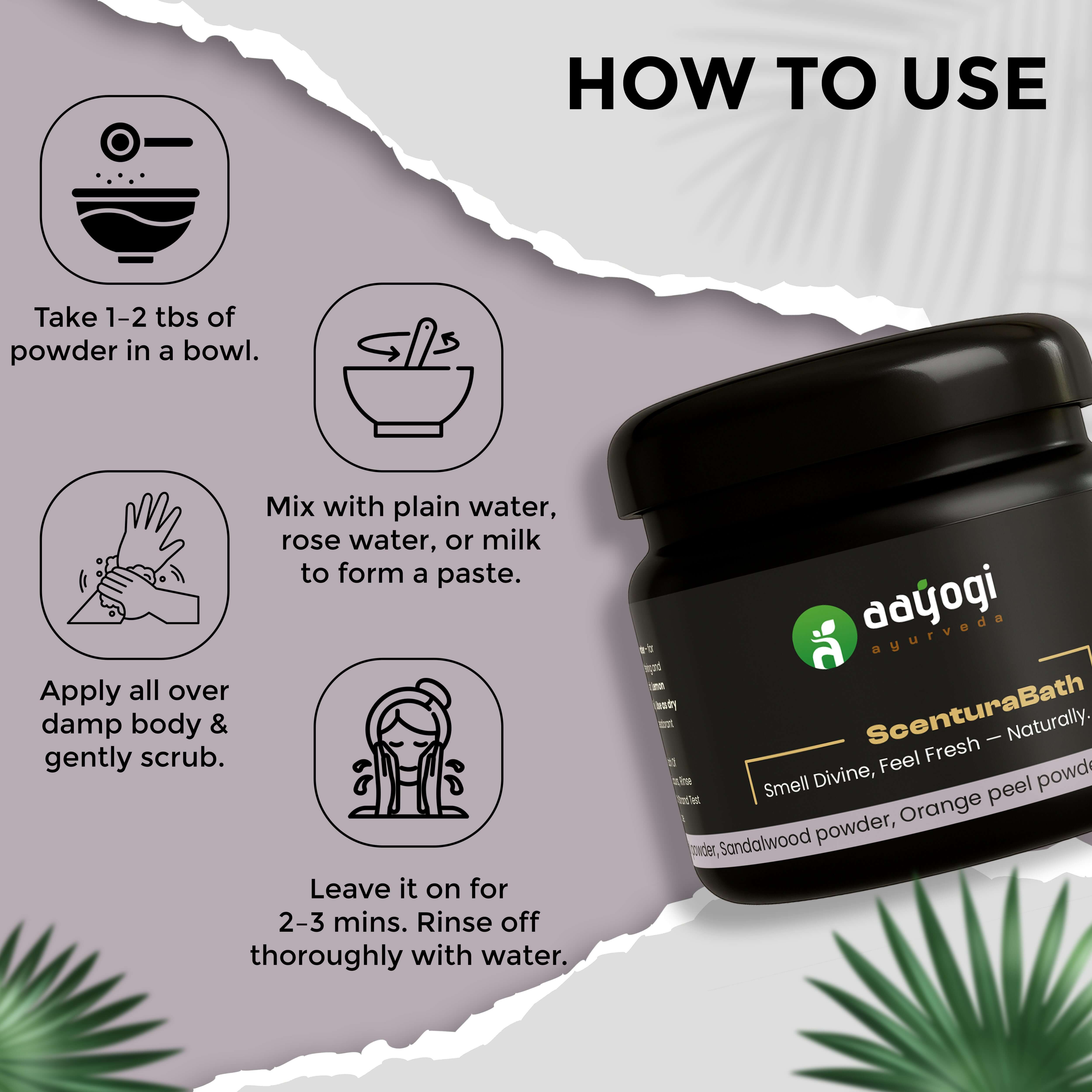 Instruction illustration for using ScenturaBath Ayurvedic deodorant bath powder by Aayogi Ayurveda, featuring powder jar and usage steps.