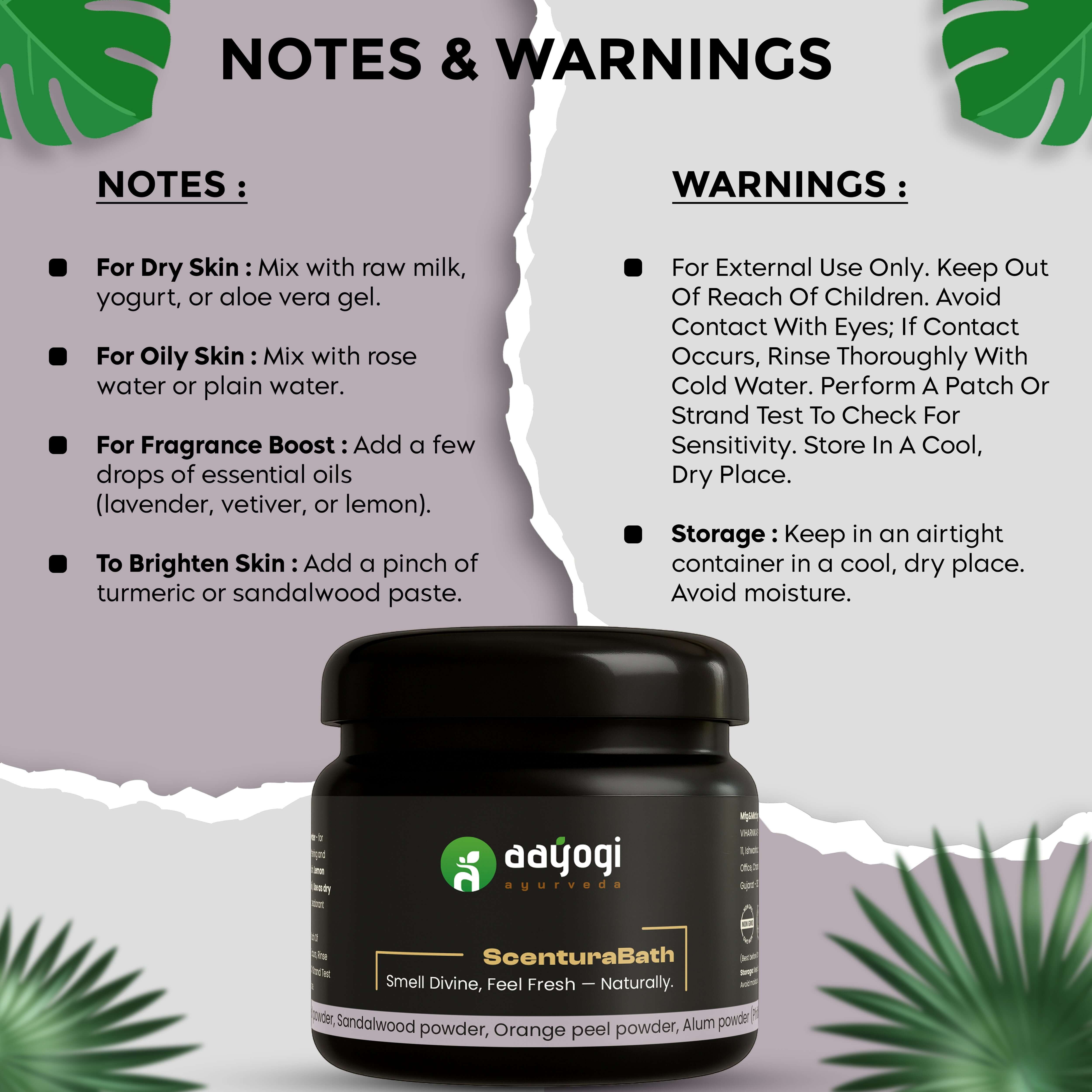 Aayogi Ayurveda ScenturaBath antibacterial bath powder with notes and warnings on skin use, featuring herbal ingredients.