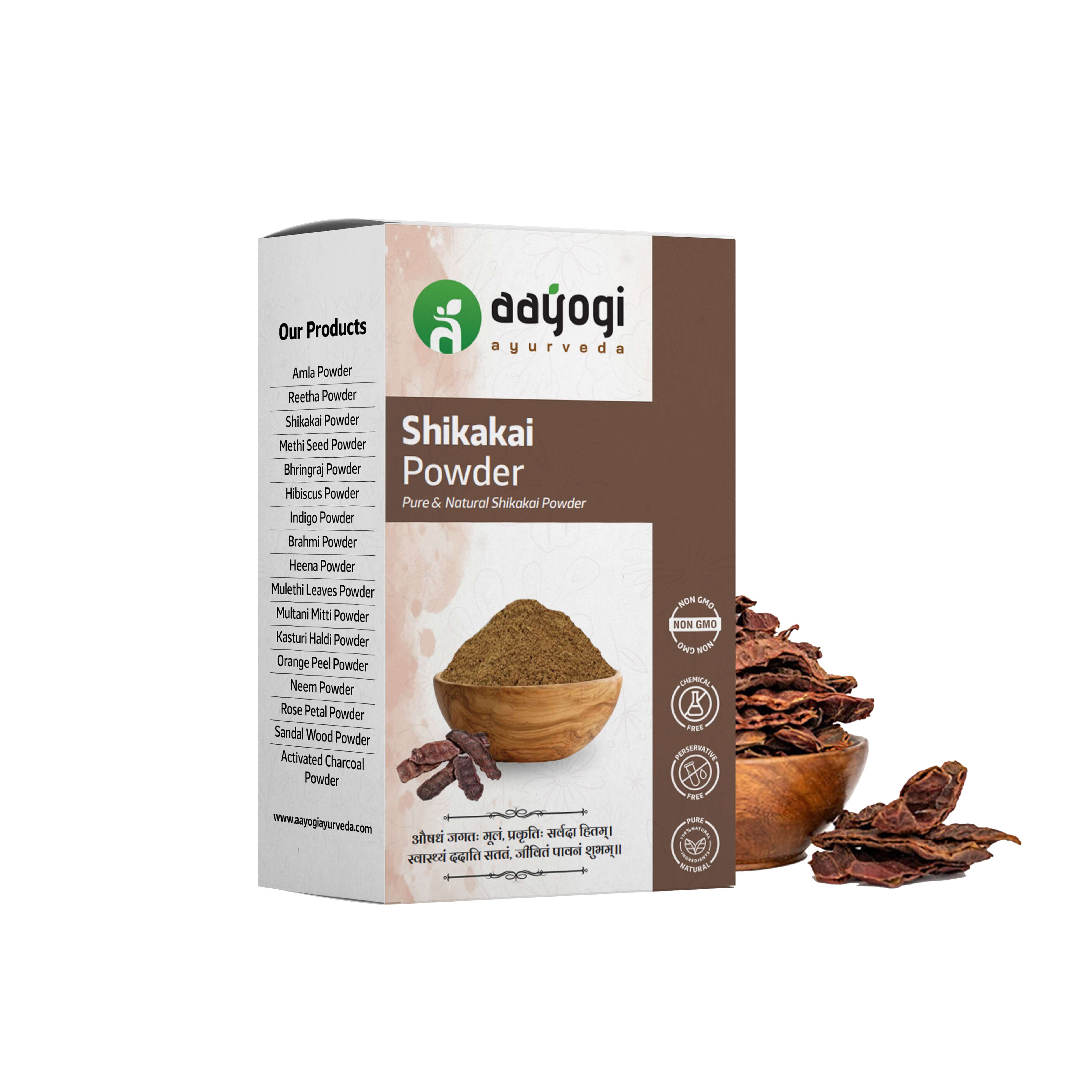 Aayogi Ayurveda Shikakai Powder box for healthy hair with natural ingredients, Acacia concinna pods, and Ayurvedic benefits.
