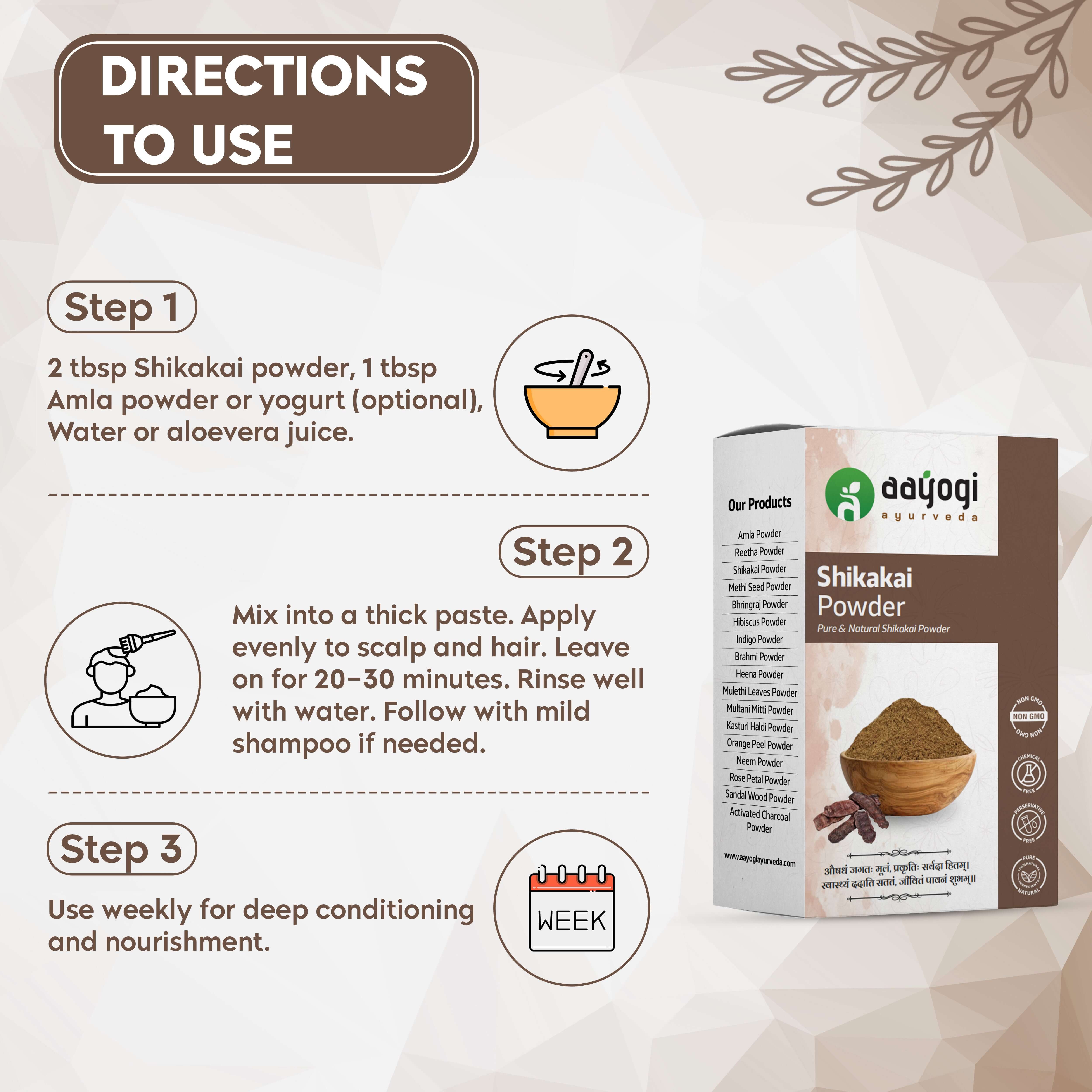 Aayogi Ayurveda Shikakai Powder usage instructions for healthy hair care and conditioning.