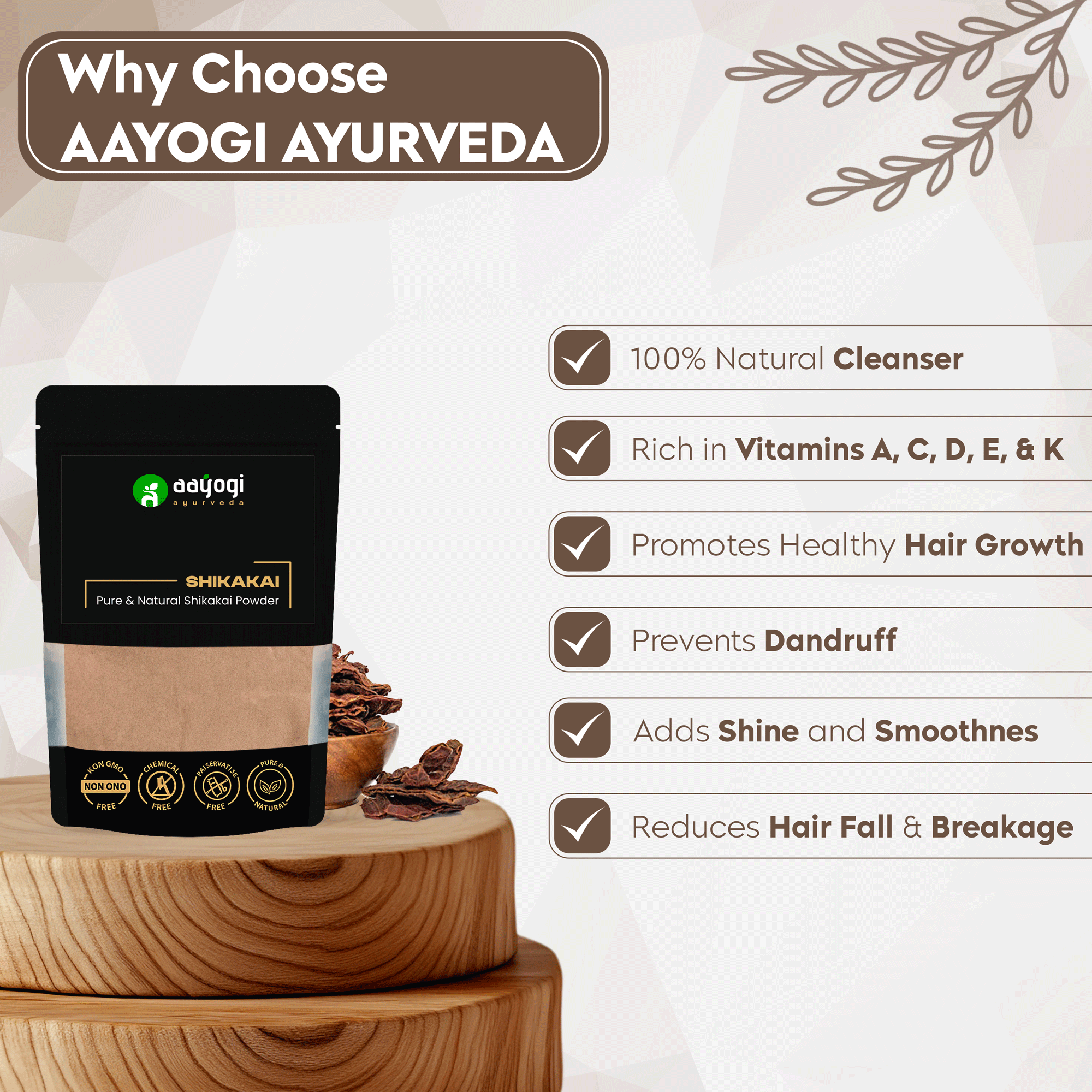Shikakai Hair Nourishing Powder by Aayogi Ayurveda, natural cleanser rich in vitamins, promoting hair growth and reducing dandruff.