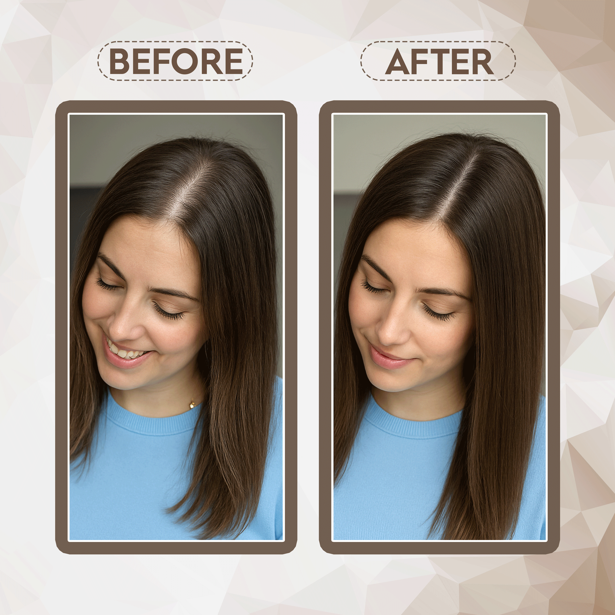 Woman showing hair before and after using Shikakai Hair Nourishing Powder demonstrating improved hair texture and shine.