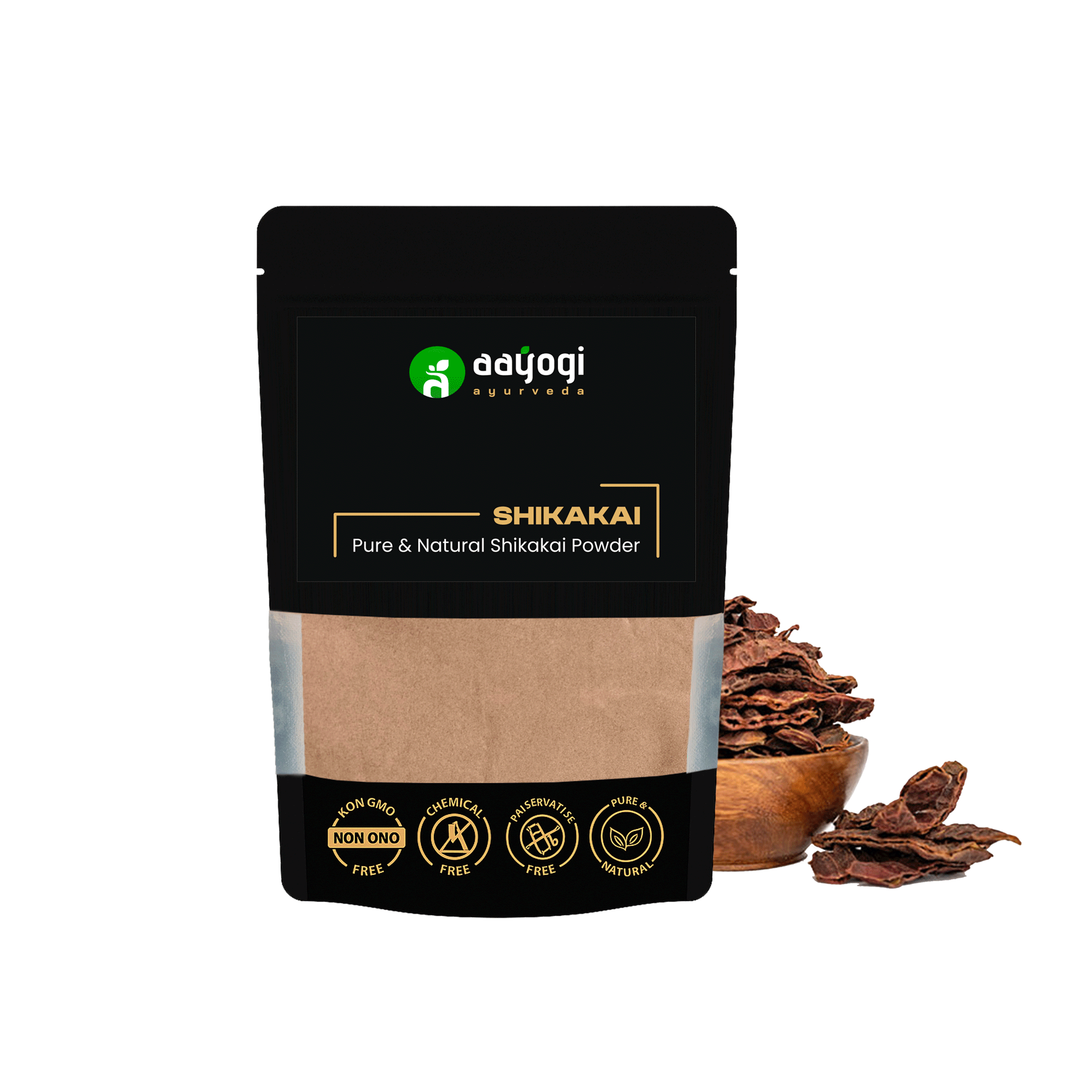 Packaging of Aayogi Ayurveda Shikakai Hair Nourishing Powder, a natural cleanser & conditioner, with dried shikakai pods in the background.