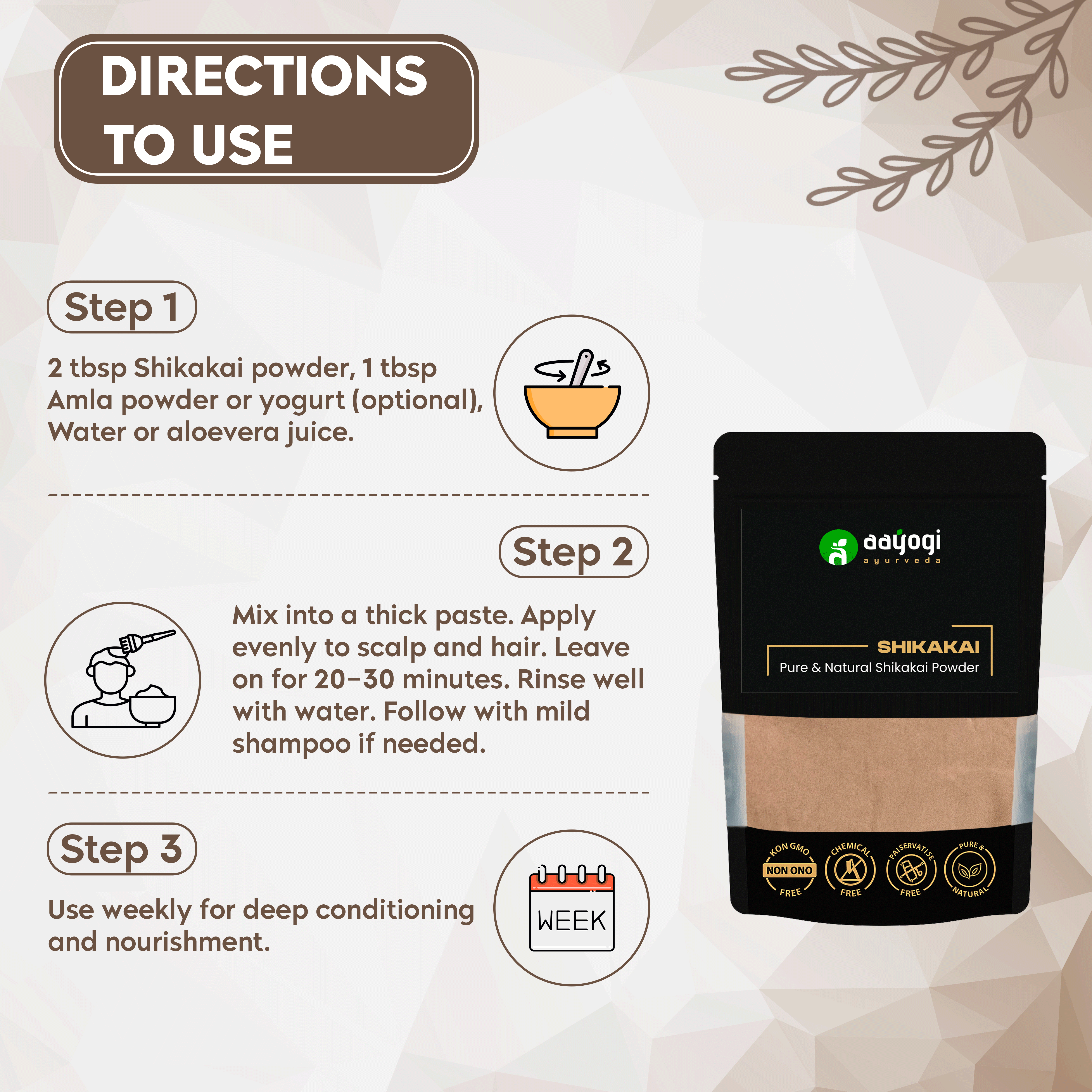 Shikakai Hair Nourishing Powder usage instructions, emphasizing natural hair conditioning and cleansing steps.