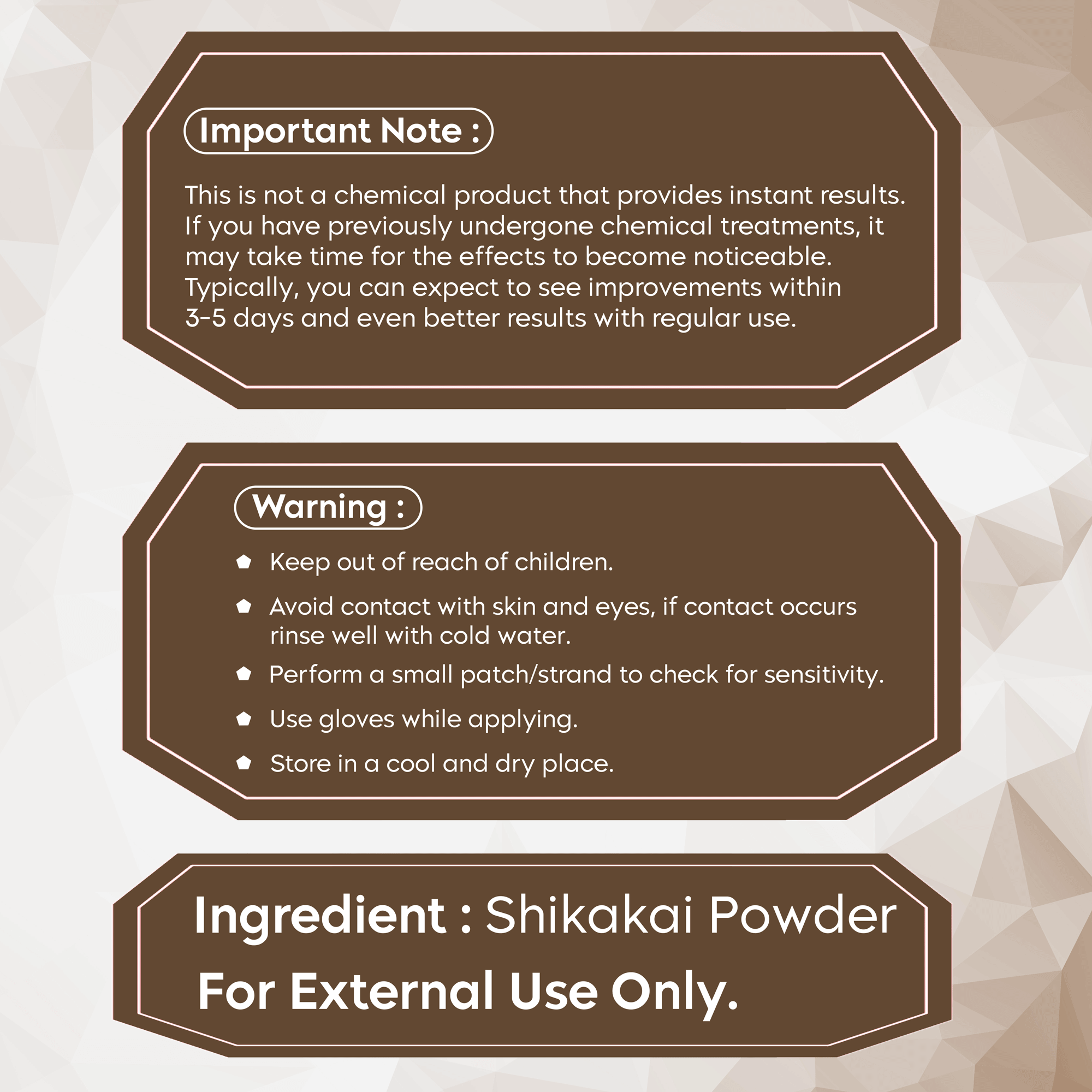 Packaging warnings for Shikakai Hair Nourishing Powder including usage precautions and ingredient details.
