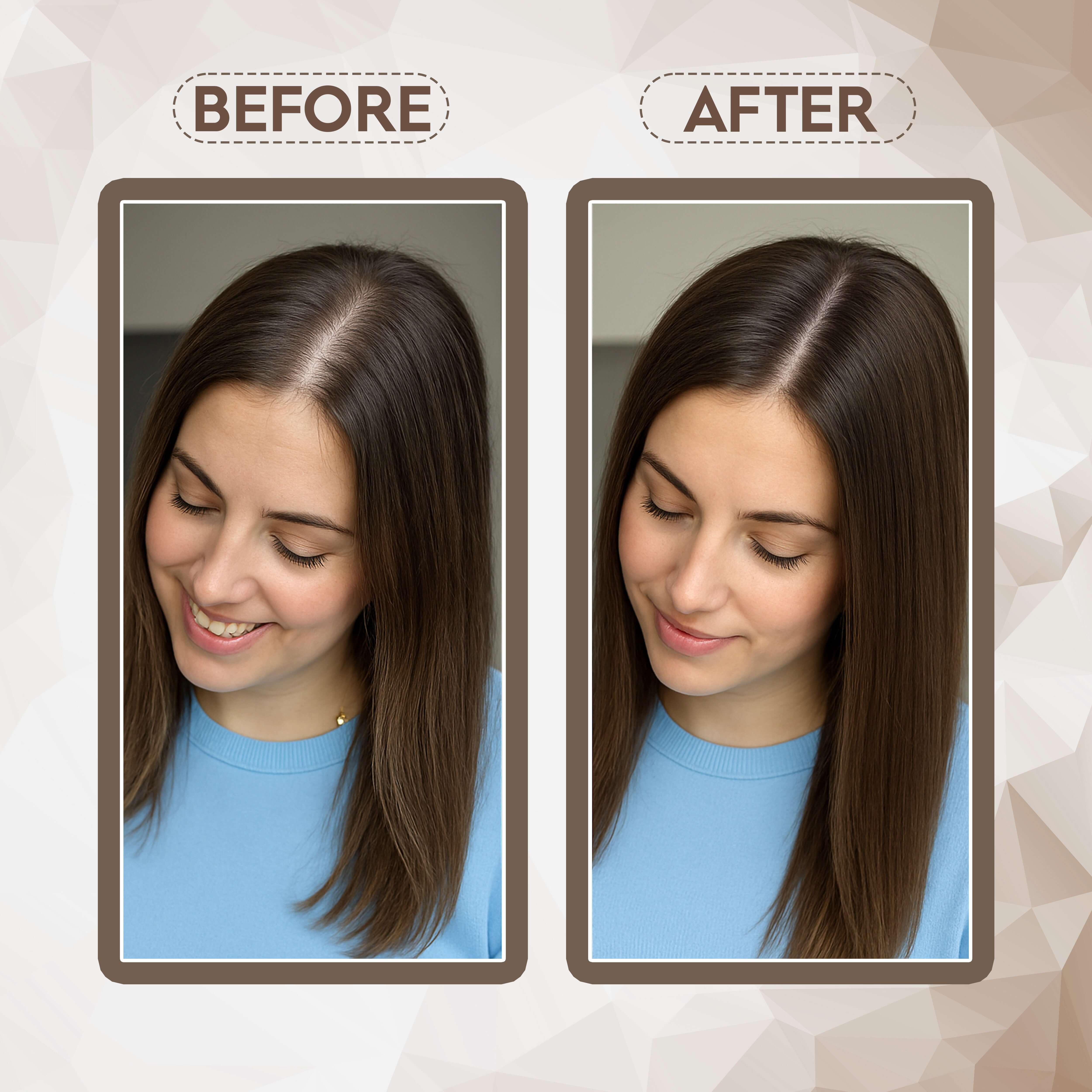 Before and after using Shikakai powder for healthier and shinier hair.