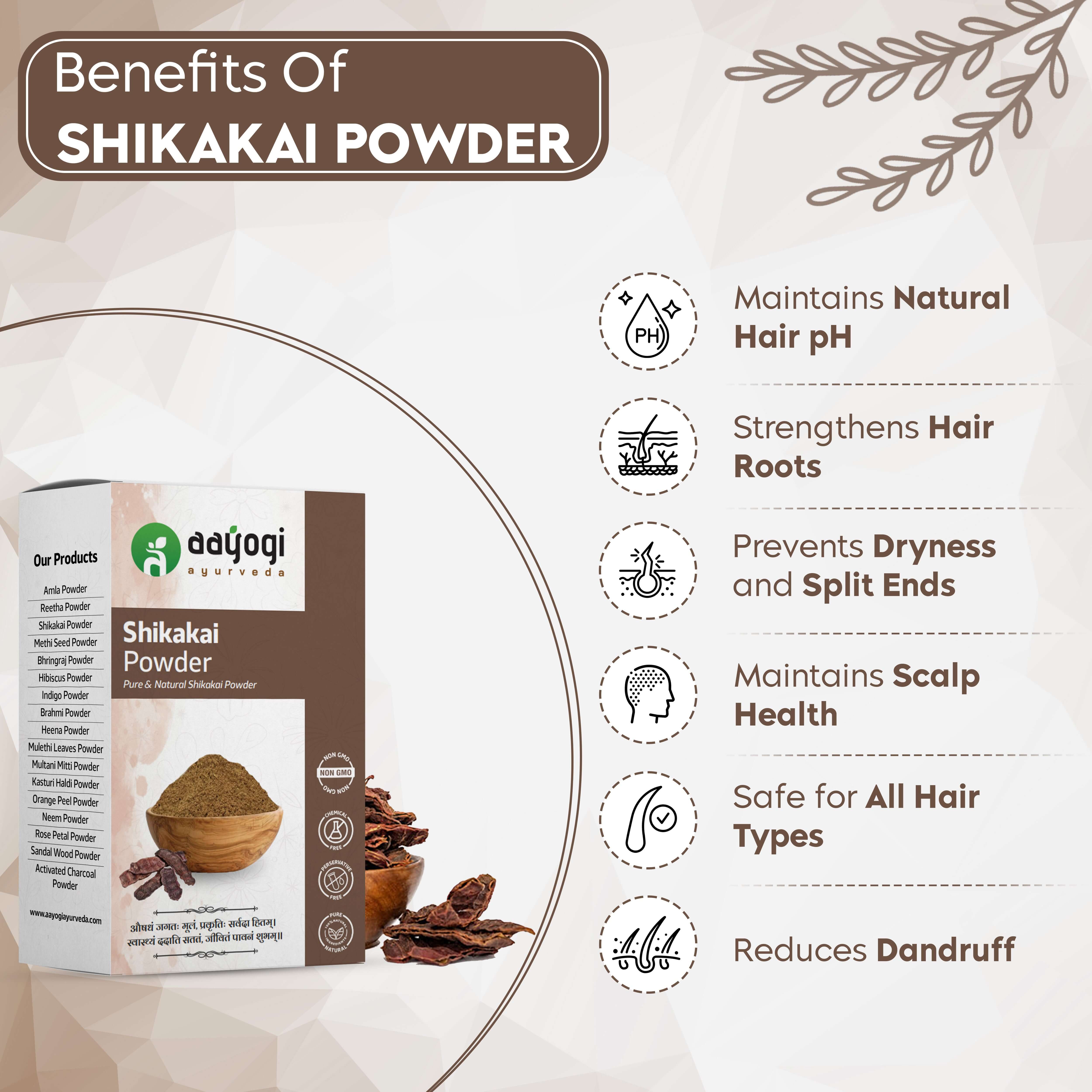 Box of Aayogi Ayurveda Shikakai Powder with benefits like natural pH balance, strengthens roots, prevents dryness, and reduces dandruff.