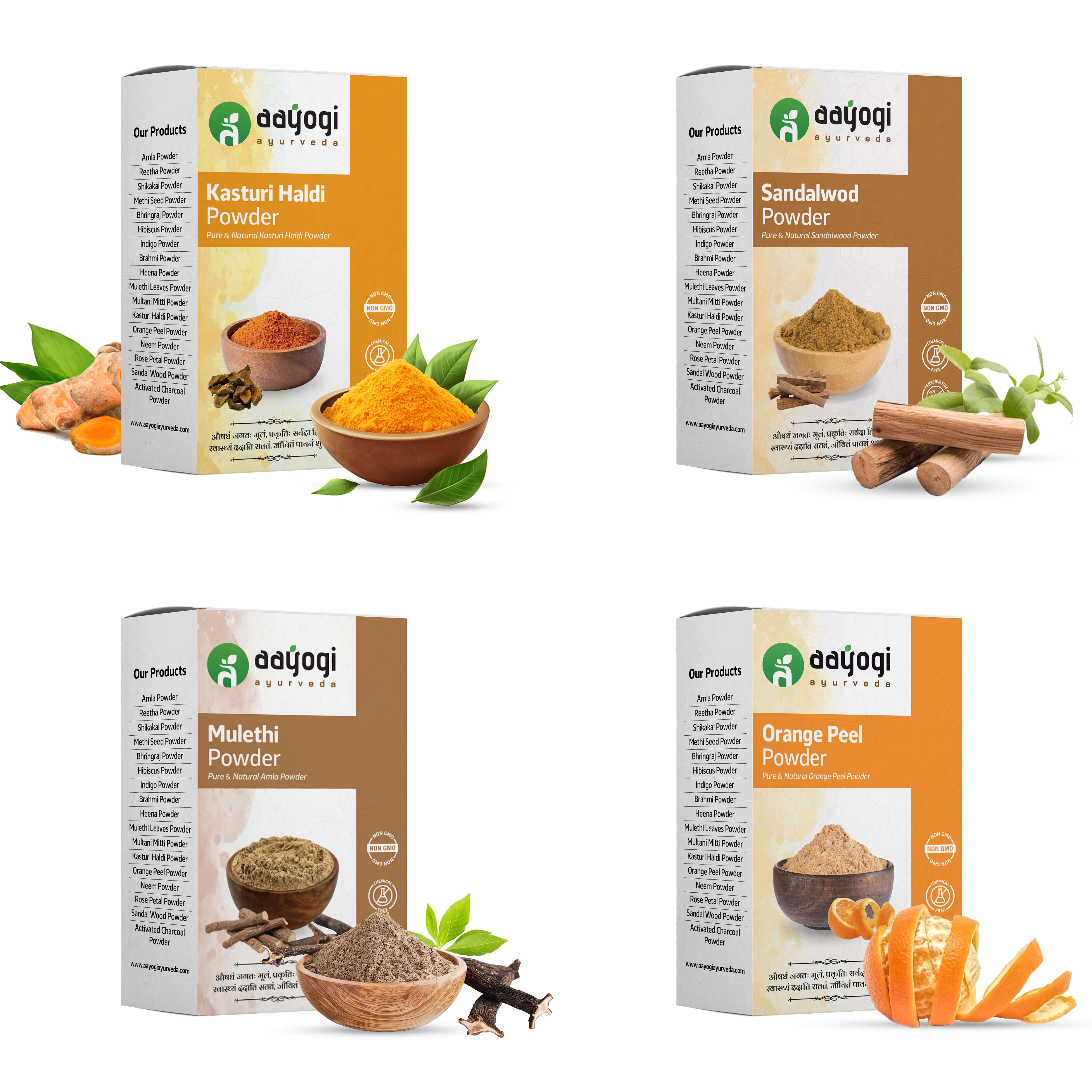 Sun Tan & Pigmentation Repair Pack featuring Kasturi Haldi, Sandalwood, Mulethi, and Orange Peel Powders for natural skincare.