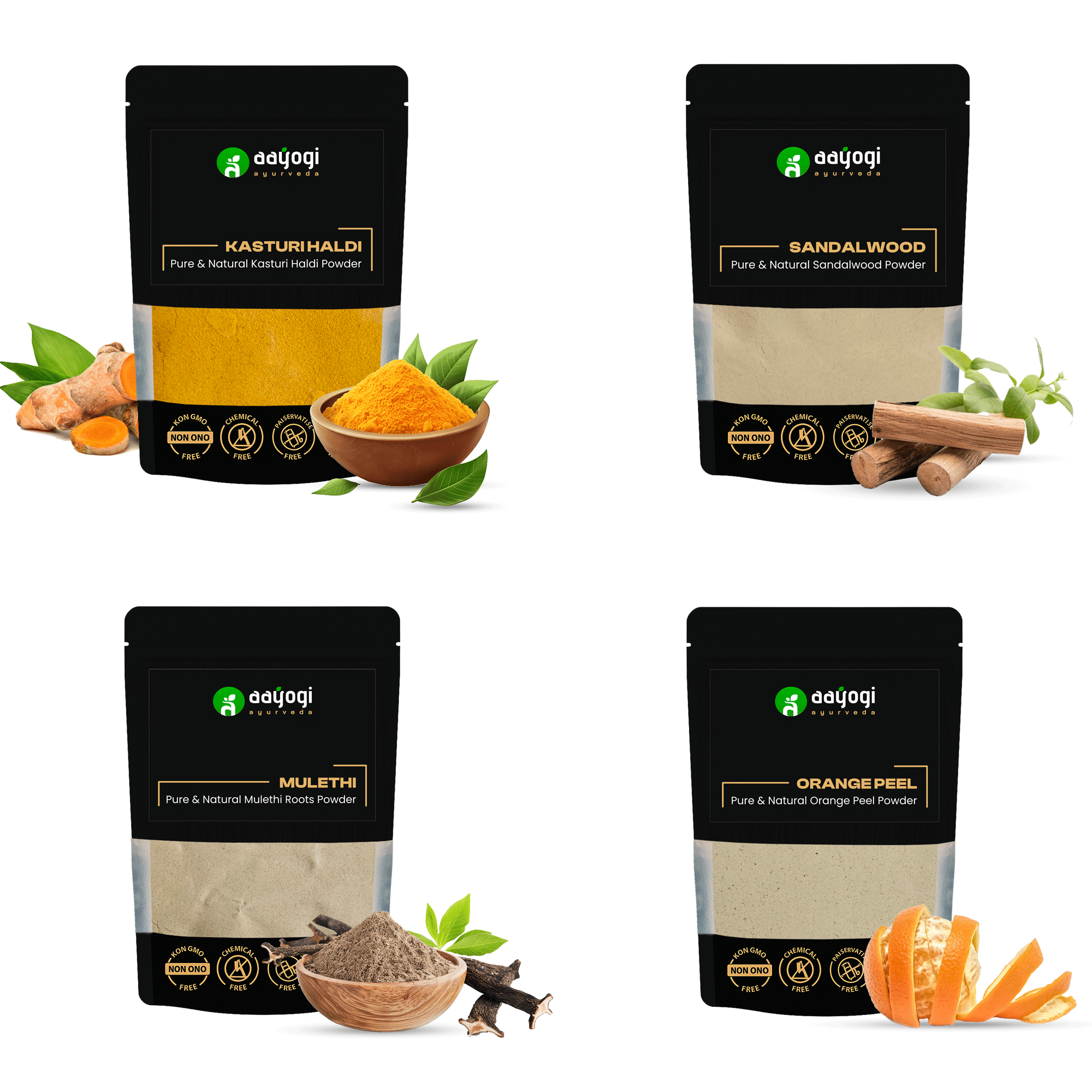 Aayogi Ayurveda herbal powders set: Kasturi Haldi, Sandalwood, Mulethi, and Orange Peel for skin care and brightening.