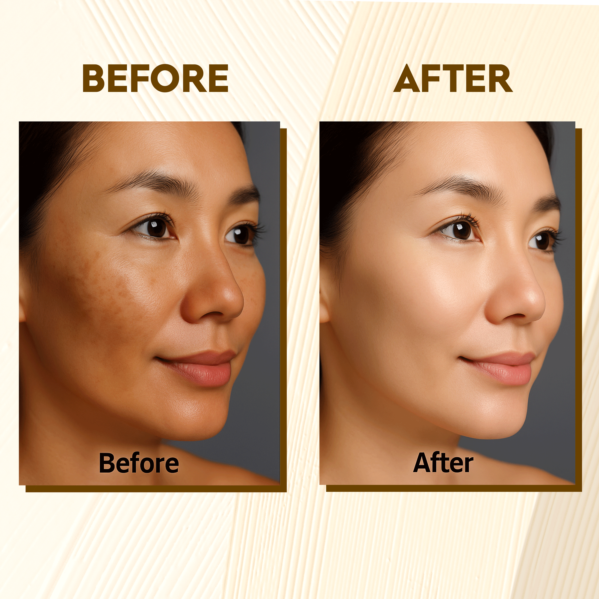 Before and after results of using Sun Tan & Pigmentation Repair Pack, showing reduced pigmentation and brighter skin tone.