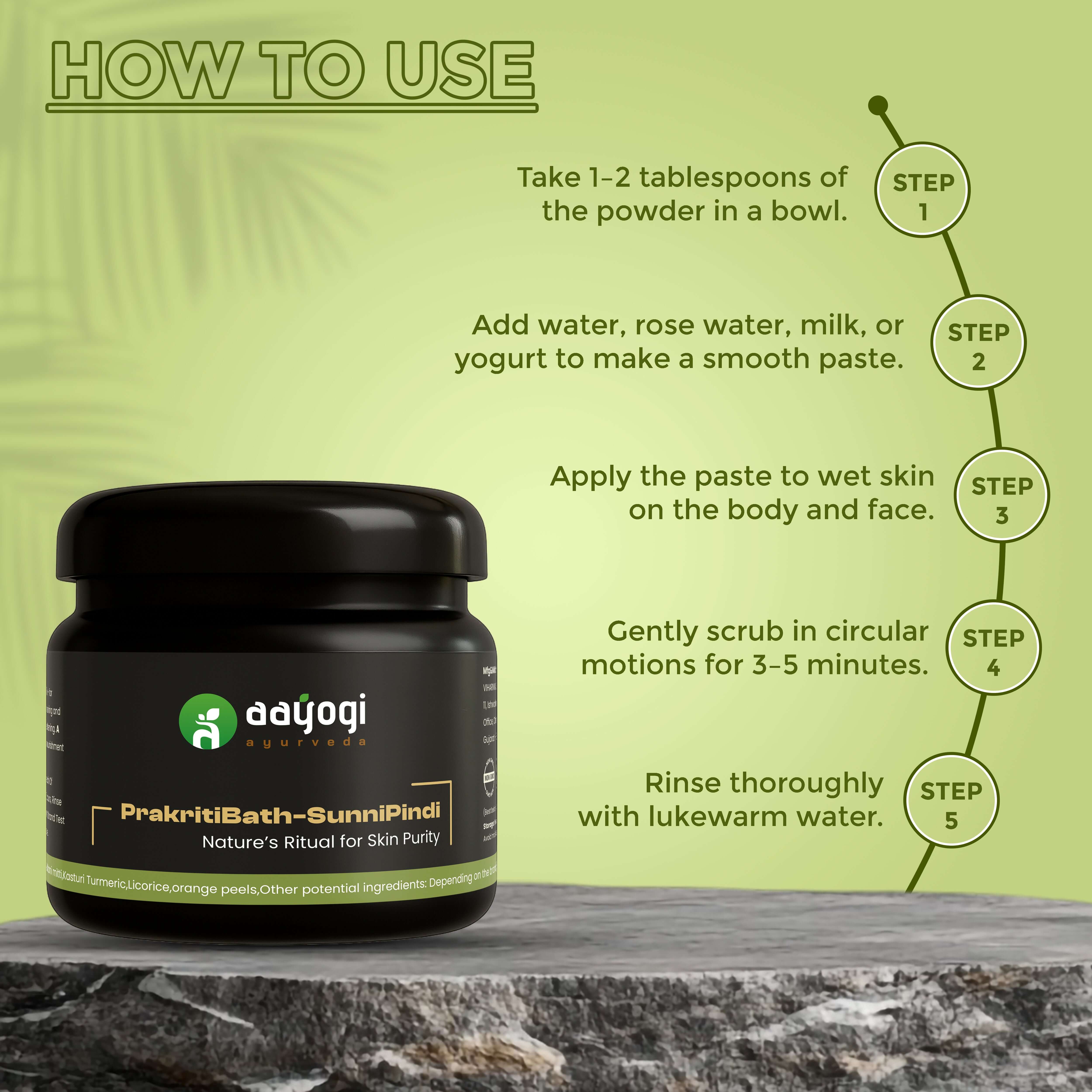 Prakriti Bath Sunni Pindi Herbal Powder jar with usage instructions from Aayogi Ayurveda on green background