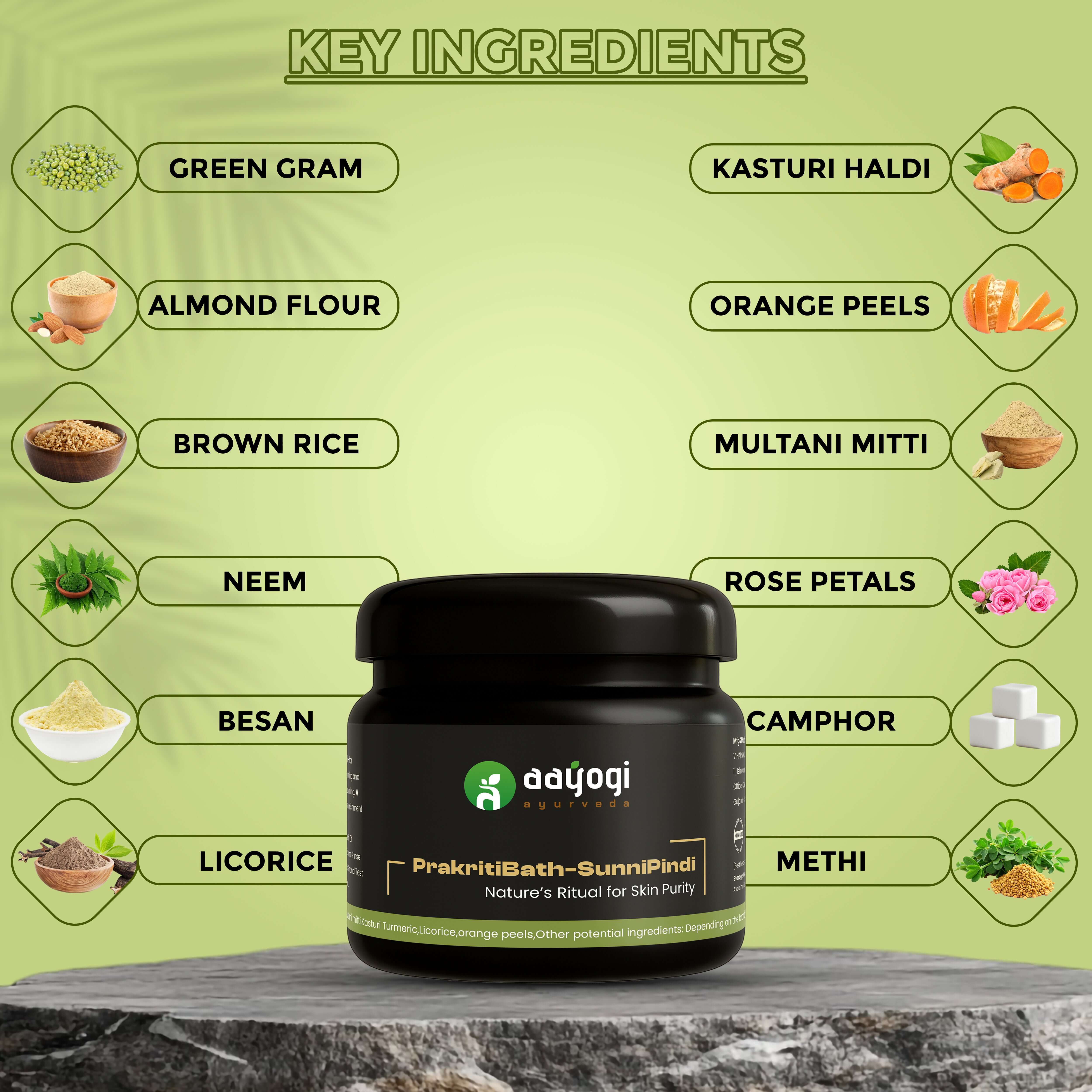 Aayogi Ayurveda PrakritiBath-Sunni Pindi herbal bath powder jar with ingredients like green gram, neem, and rose petals for skin care.