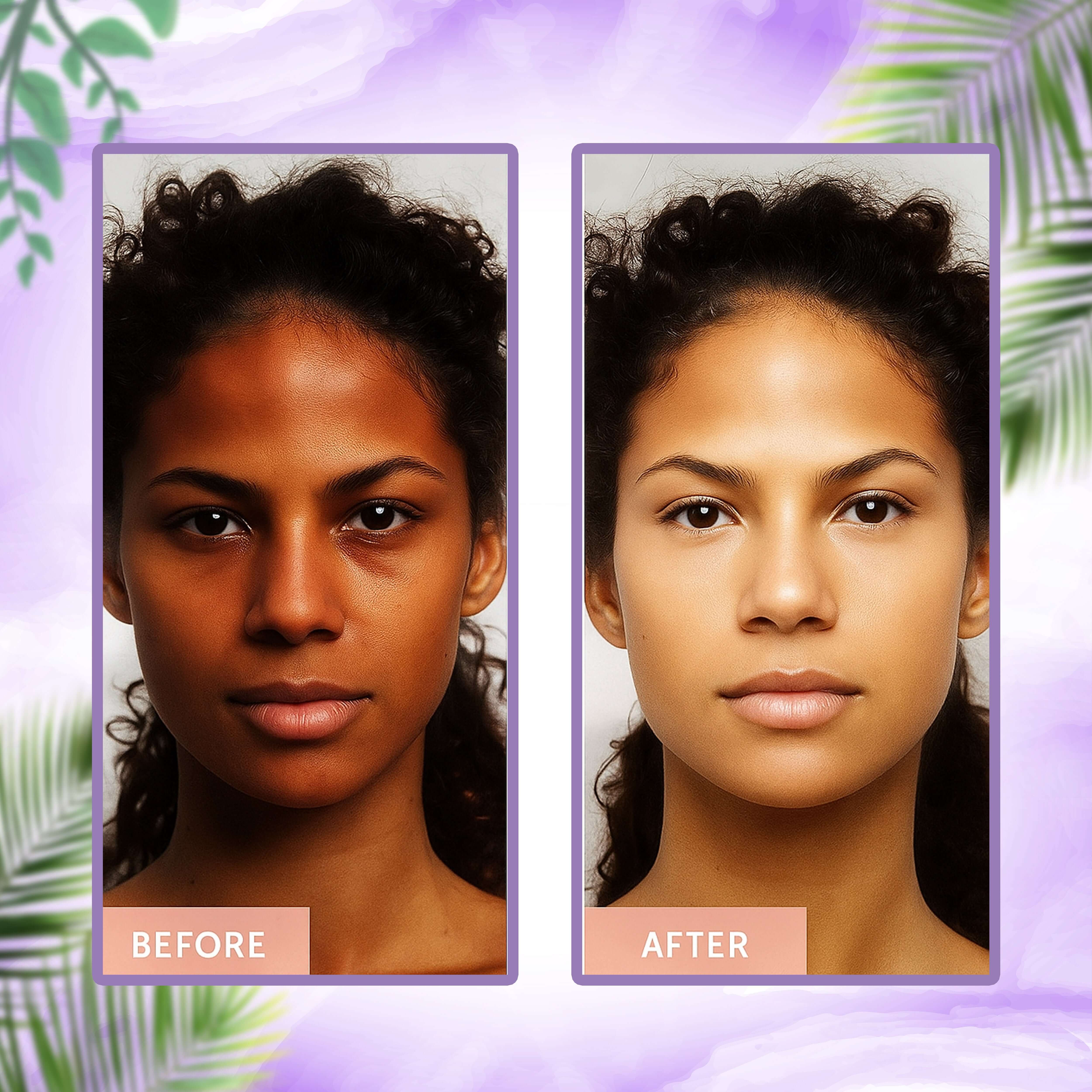 Before and after comparison of skin brightness and clarity using TejasGlow Herbal Face Pack, Aayogi Ayurveda's skincare solution.