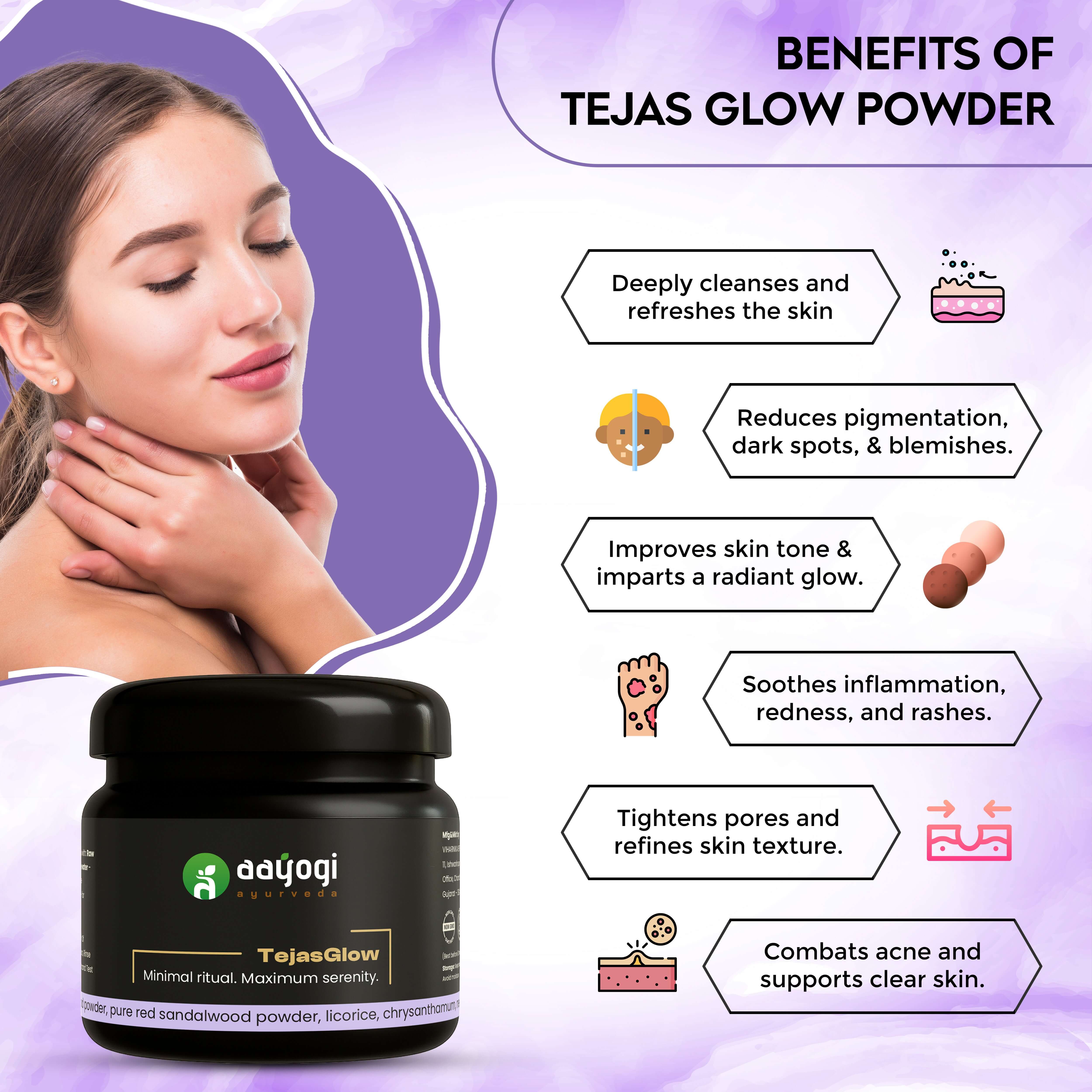 TejasGlow Herbal Face Pack by Aayogi Ayurveda for skin brightening and glow, featuring benefits like acne control and pore refinement.