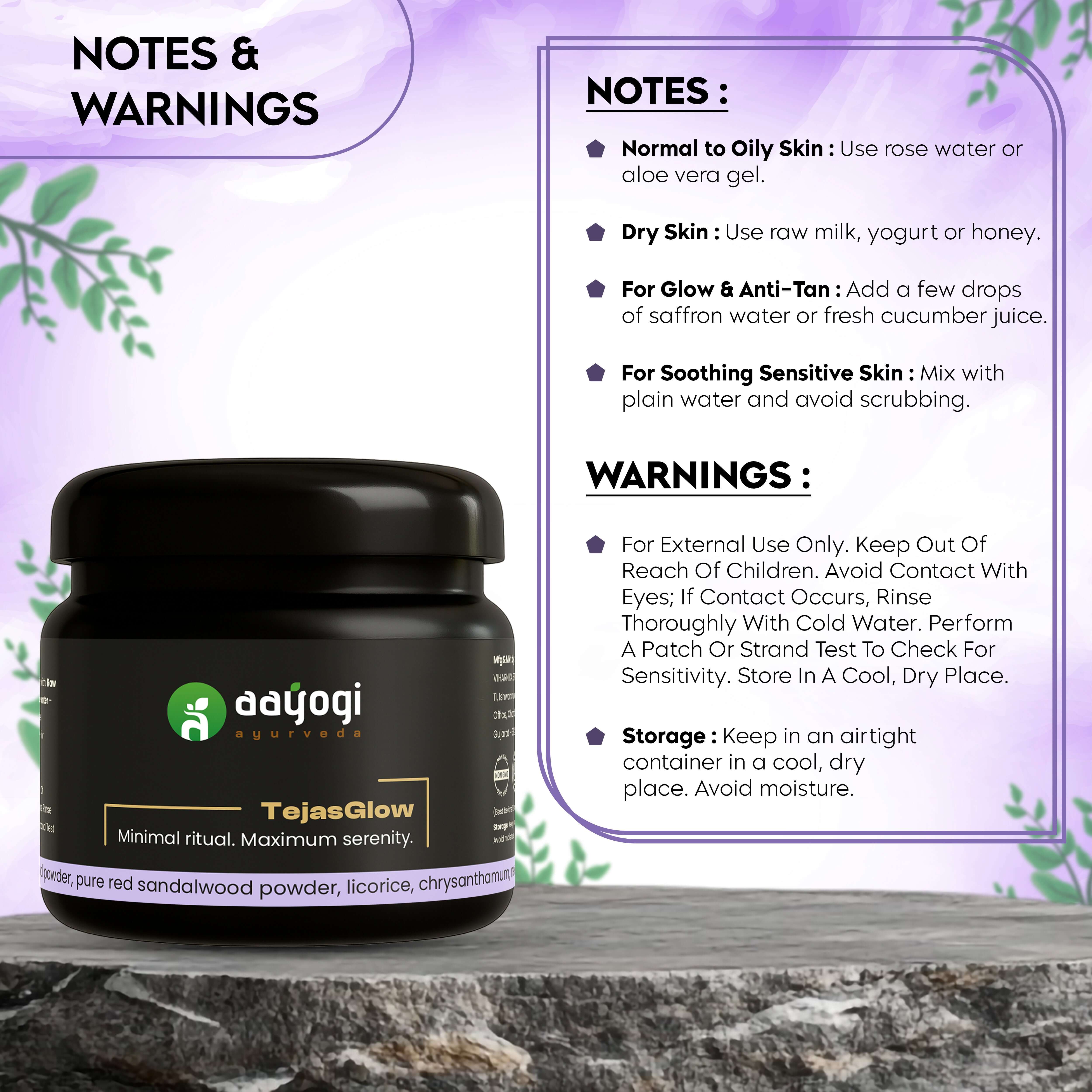 Aayogi Ayurveda's TejasGlow Herbal Face Pack with product notes and warnings for usage and storage.