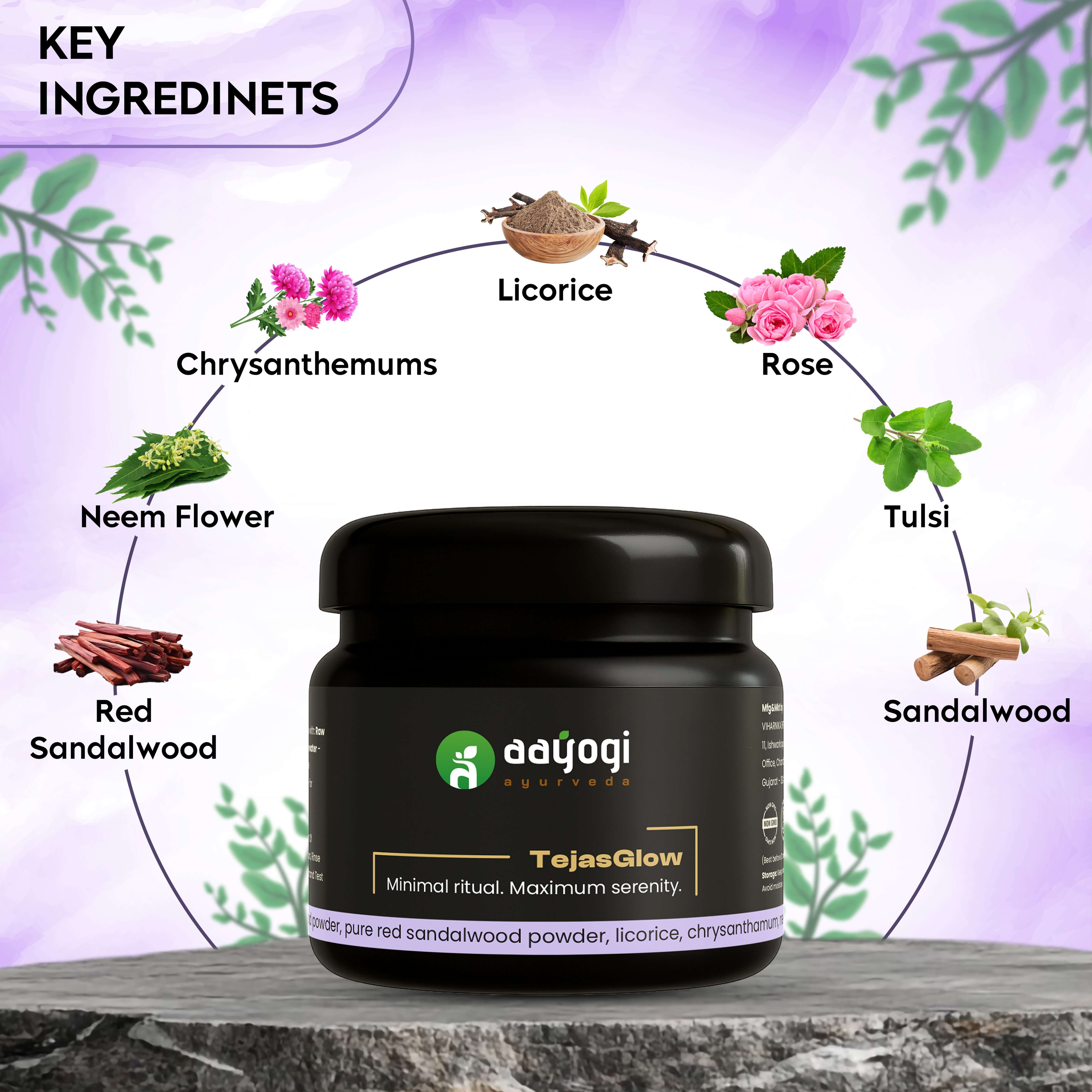 TejasGlow Herbal Face Pack by Aayogi Ayurveda with key ingredients like sandalwood, licorice, neem flower, and tulsi for skin brightening.