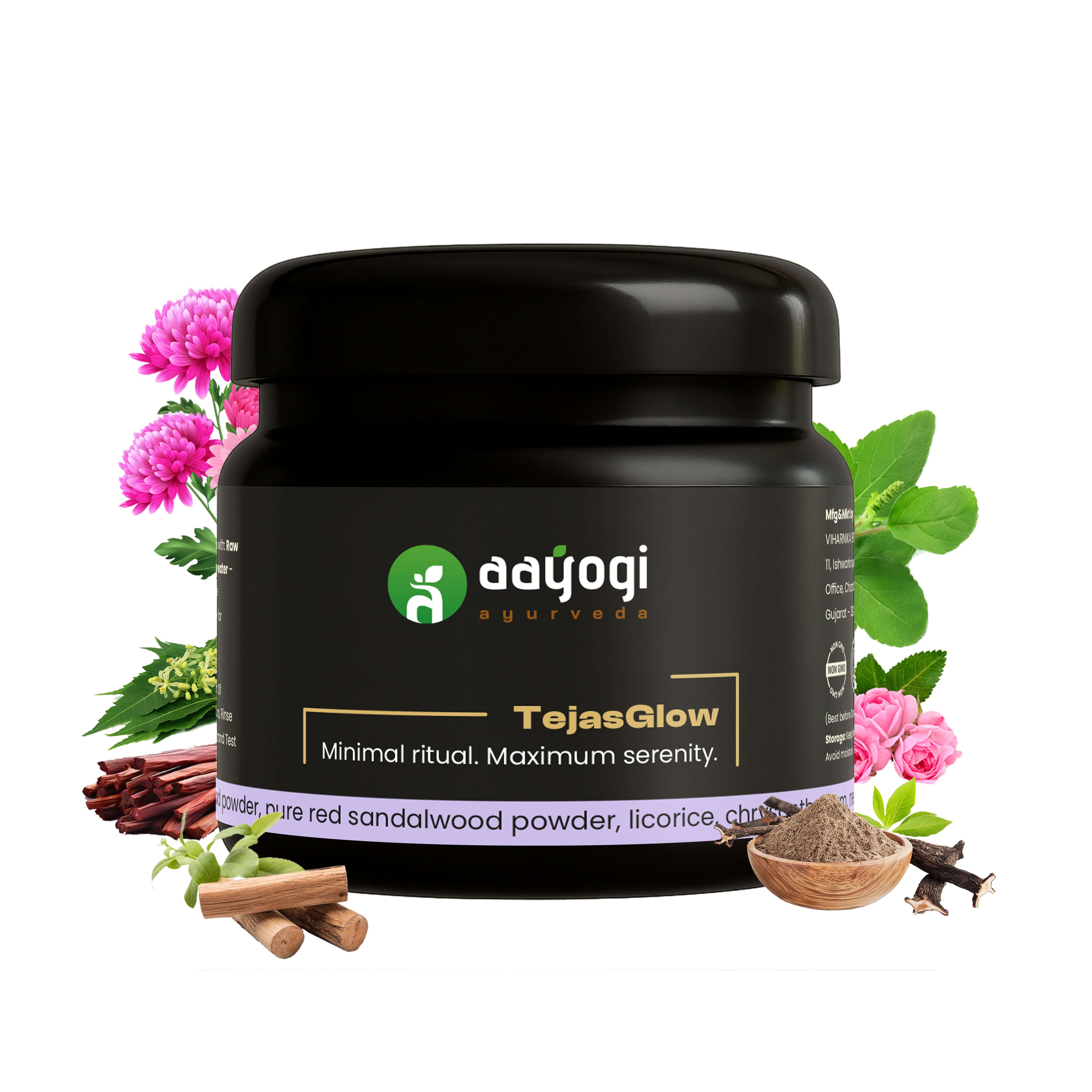 TejasGlow Herbal Face Pack by Aayogi Ayurveda with sandalwood, red sandalwood, rose, and tulsi for brightening and nourishing skin