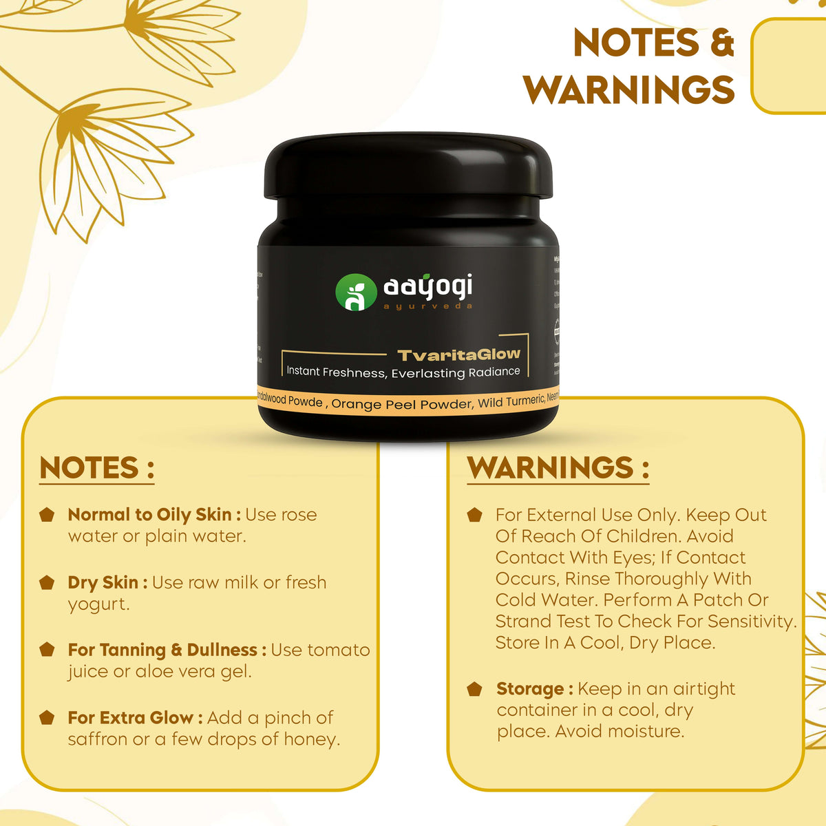 TvaritaGlow Herbal Ubtan by Aayogi Ayurveda with usage notes and warnings for glowing skin.