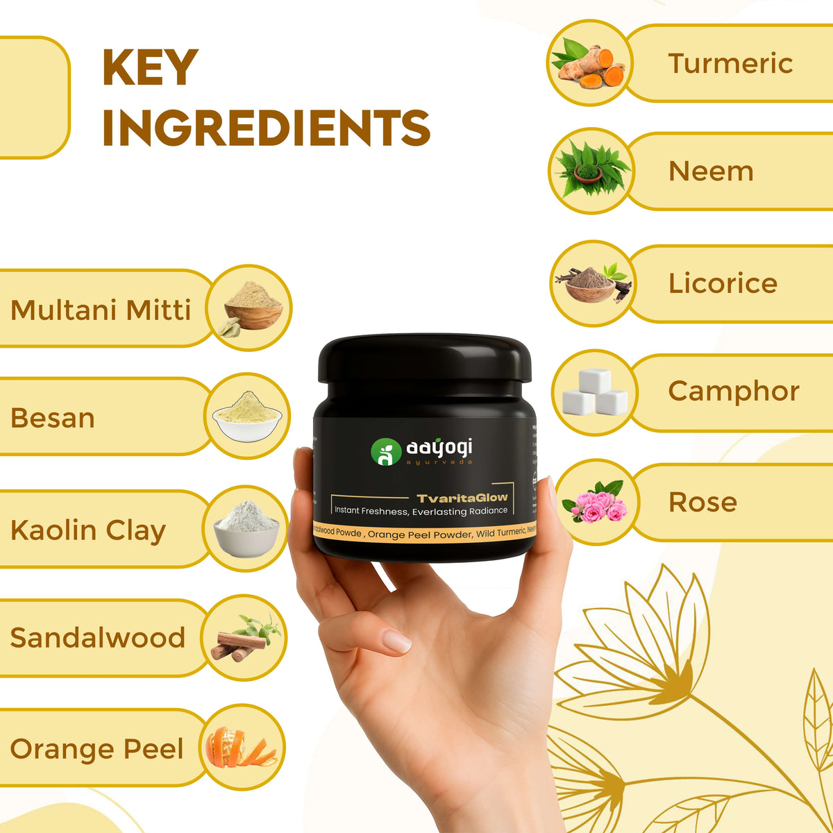 TvaritaGlow Ayurvedic Ubtan jar with key ingredients like Turmeric, Neem, Sandalwood, and Multani Mitti