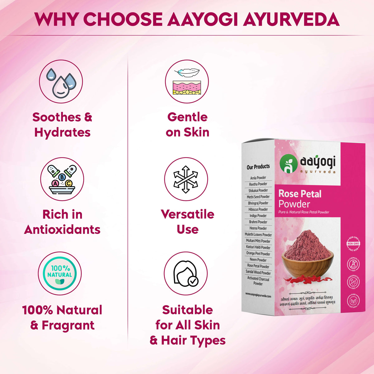 Aayogi Ayurveda Velvet Rose Petal Powder benefits include soothing, hydrating, rich antioxidants, versatile use, and being 100% natural.