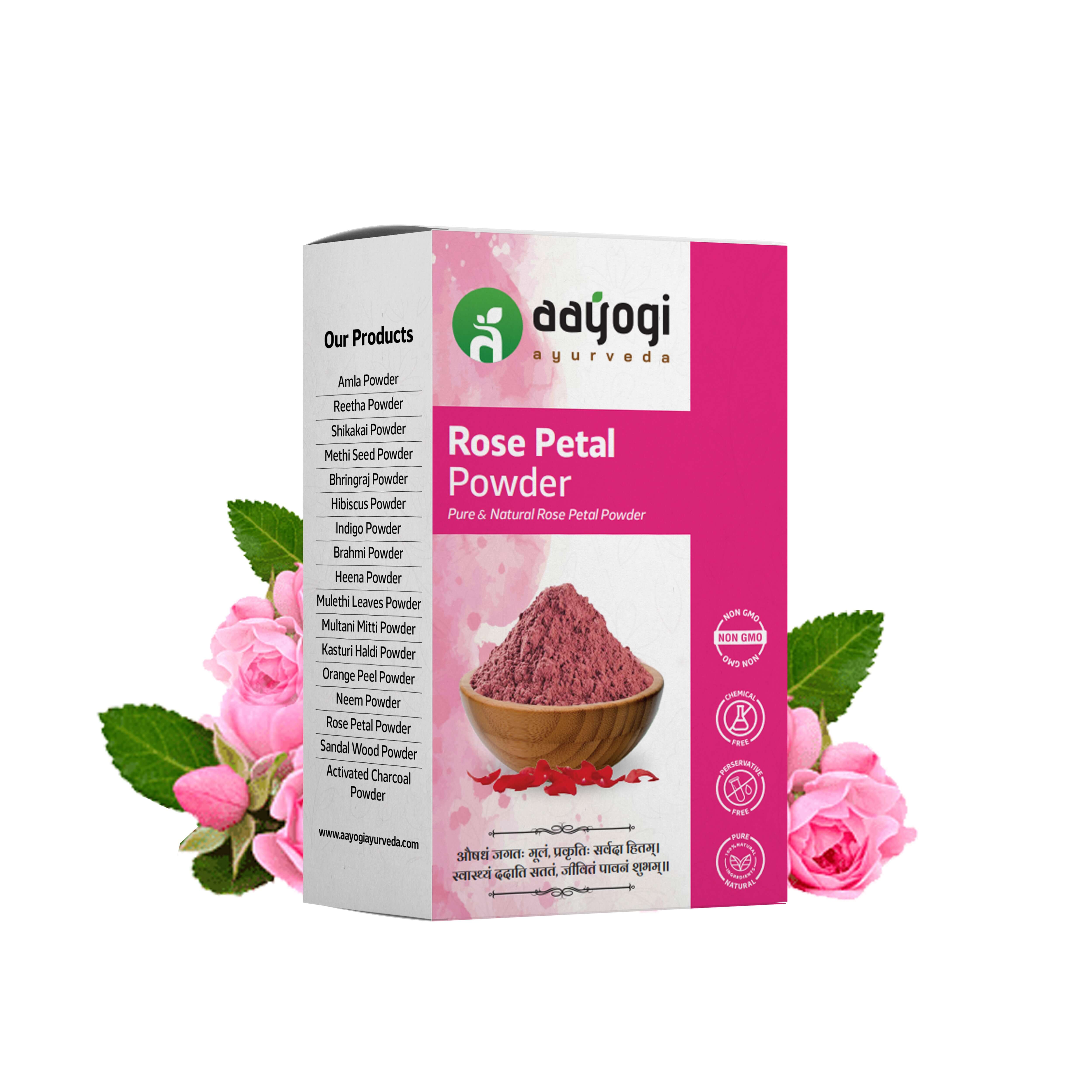 Aayogi Ayurveda Velvet Rose Petal Powder box with vibrant pink rose design and lush roses in the background.