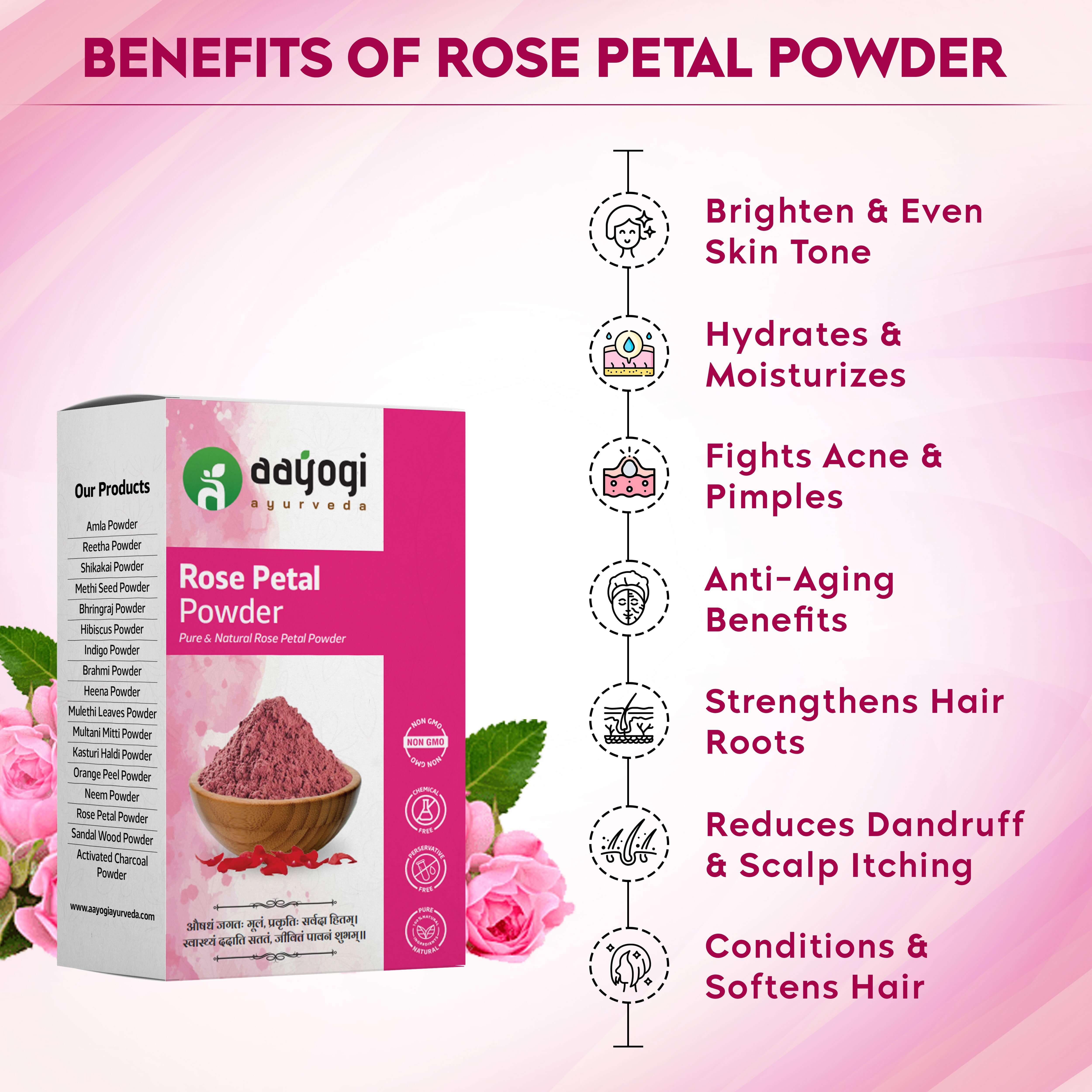Velvet Rose Petal Powder benefits infographic with skincare and haircare advantages by Aayogi Ayurveda.