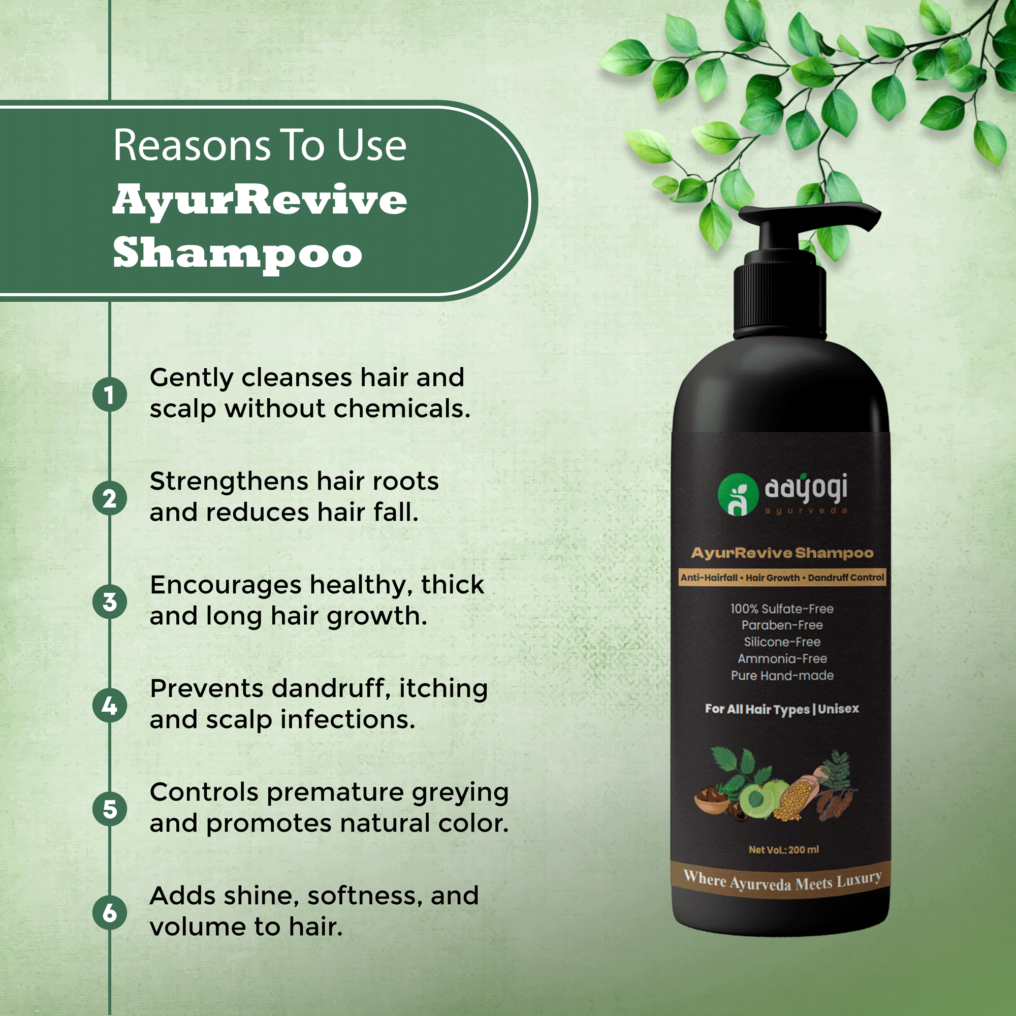 AyuRevive Herbal Shampoo for Hair Fall, Hair Growth & Dandruff Control – Natural & Sulphate-Free | Aayogi Ayurveda